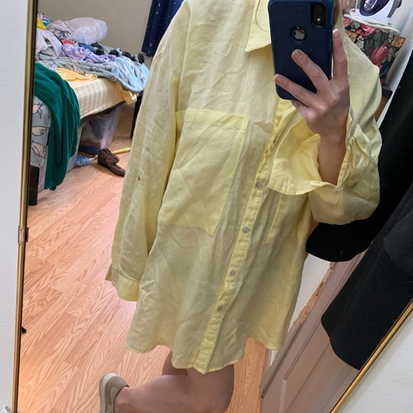 Magaschoni linen blouse oversized pockets mother of pearl buttons yell XL - Picture 4 of 13